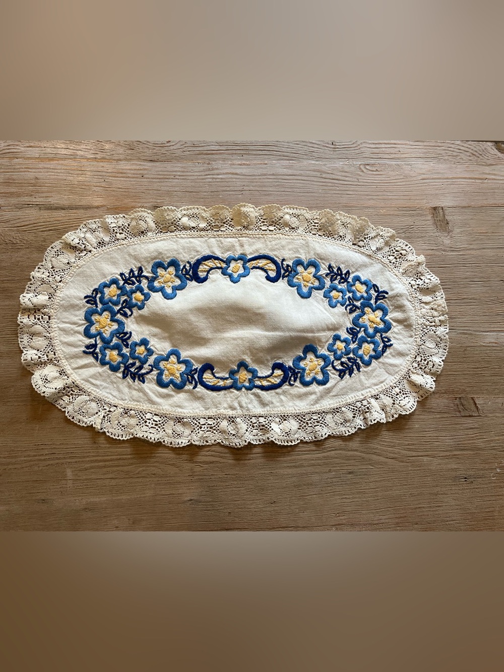 Vintage Hand Embroidered Oval Doily - Blue and Yellow Floral Linen with Delicate